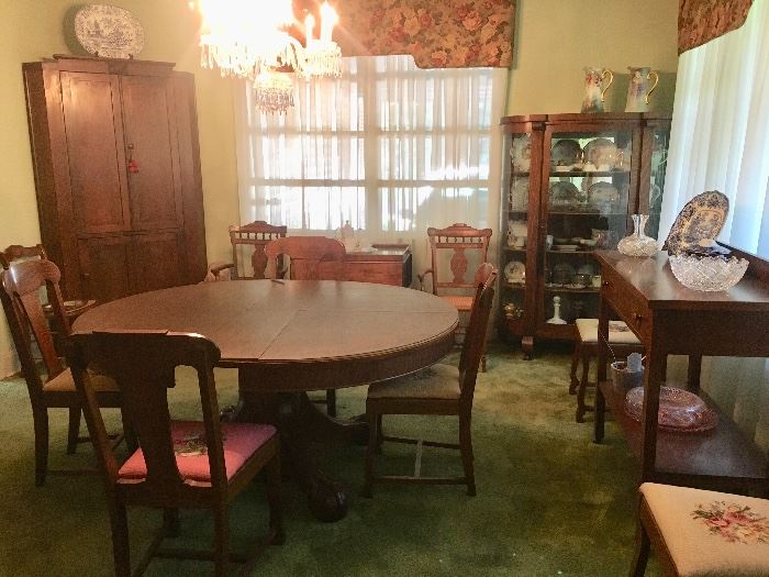  Dining Room - tiger oak table with 5 leaves, 6 needlepoint chairs, china cabinet and sideboard