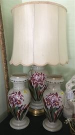 Matching table lamp and 2 vases with handprinted iris