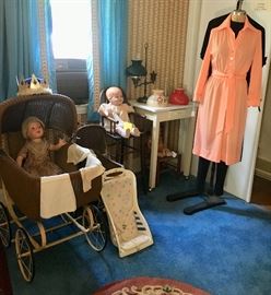 Vintage clothing, antique dolls, carriages and high chair
