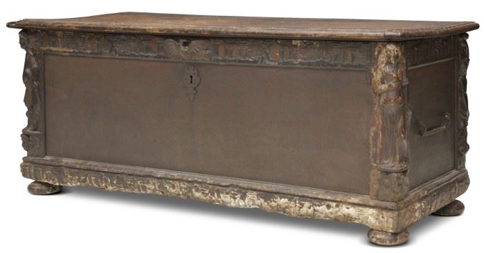 LOT #7004 - 18TH C. SPANISH CHEST WITH FIGURAL CARVINGS