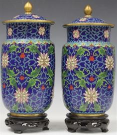 LOT #7023 - PAIR OF CHINESE CLOISONNE LIDDED JARS, 10" H