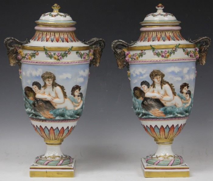 LOT #7029 - PAIR OF EARLY CONTINENTAL PORCELAIN URNS, 17 1/2" H