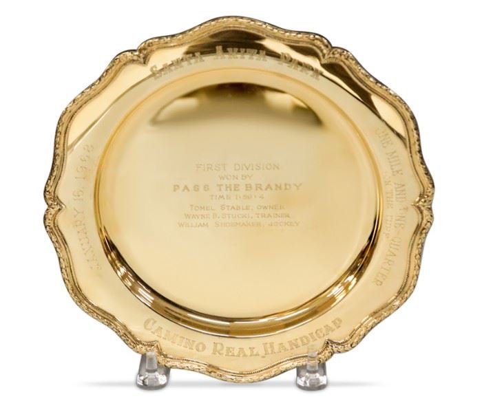 LOT #7061 - 1968 SANTA ANITA PASS THE BRANDY TROPHY PLATE 14KT