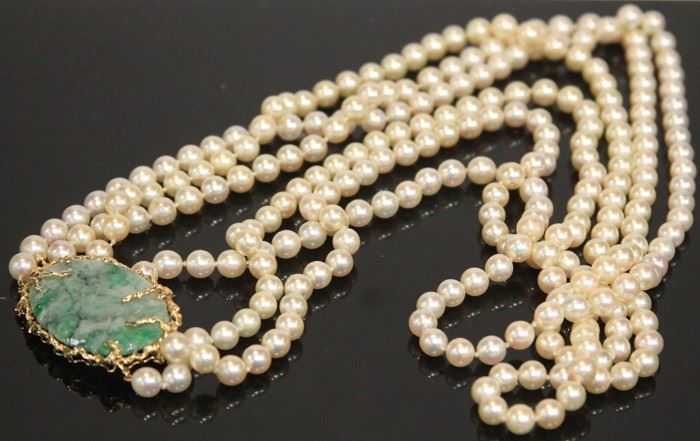 LOT #7099 - LADY'S TRIPLE STRAND PEARL NECKLACE WITH JADE