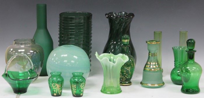 LOT #7309 - LOT OF (15) VINTAGE GREEN ART GLASS