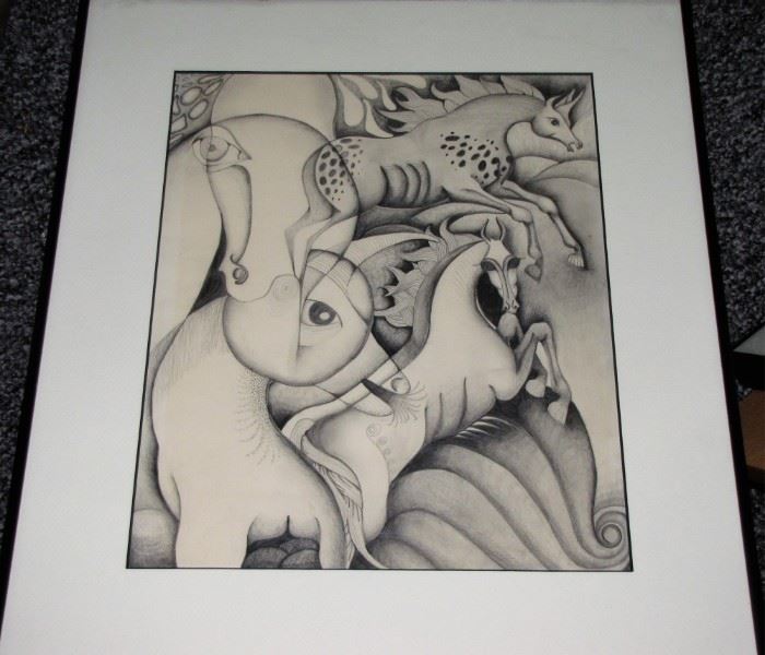 LOT #7787 - SURREALISTIC LITHOGRAPH OF HORSES, FRAMED