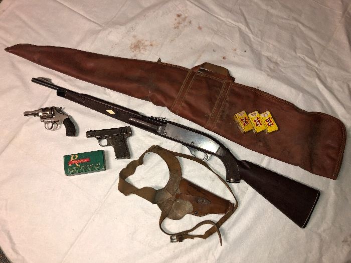 Remington "Nylon 66" .22 rifle, "Martian" 7.65 semi-automatic pistol, and H&R "The American Double Action" revolver