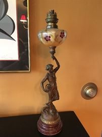 wonderful bronze and glass lamp by Denise Delavigne - story behind its survival of an earthquake written on the bottom