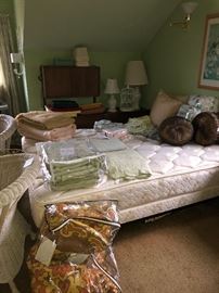 queen bed, bedding and more