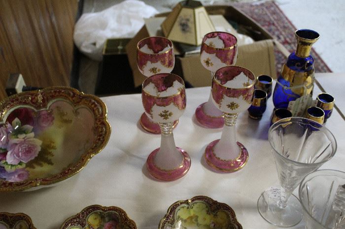 Antique Hand painted Moser Bohemian Glassware set