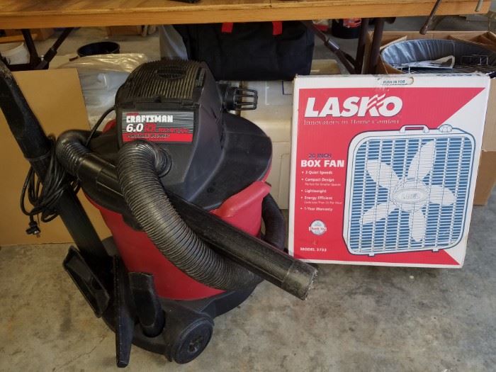 Craftsman 6.0 wet/dry vac; Lasko box fan (like new) still in box