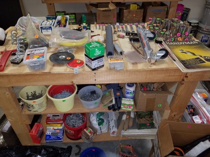 Hand tools, more screws and nails, etc., and another work bench for sale...