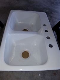White enamel, cast-iron double sink--never used!