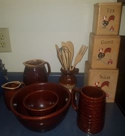 Vintage Hull and Marcrest stoneware and wooden canister set