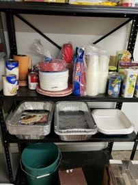 Disposable cookware, plastic cups and paper plates. 