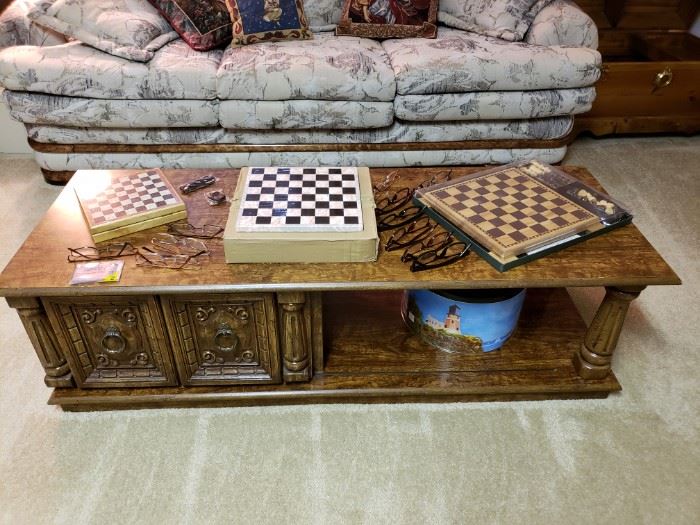 Coffee table and chess boards.