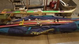 A pair of Pre downhill skis and a pair of Fisher cross country skills + bag