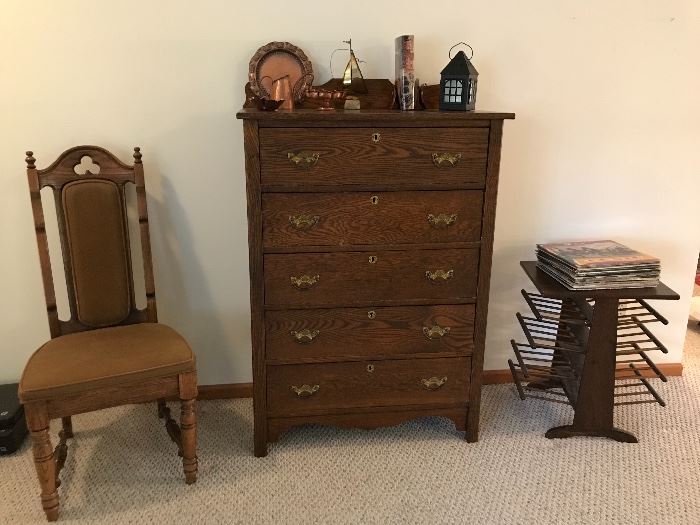 Antique pieces including this dresser / chest of drawers, magazine rack & occasional chairs