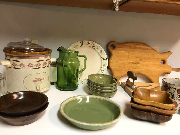 Kitchen getting set up, pots pans, Pyrex, crock pot, sunbeam mixer....