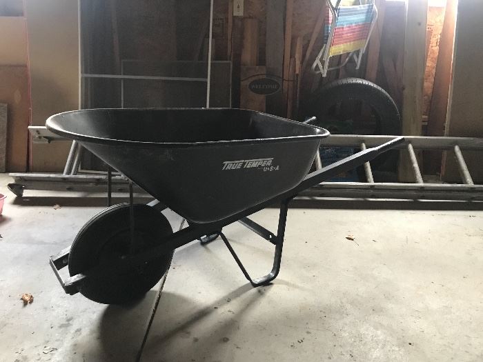 wheel barrel, ladders, misc garage items 