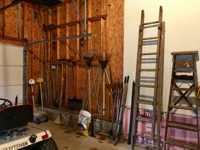 Yard tools, rakes, ladders