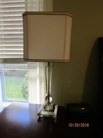 2 28" CONTEMPORARY LAMP.. CHROME WITH GLASS AND CREAM SHADE