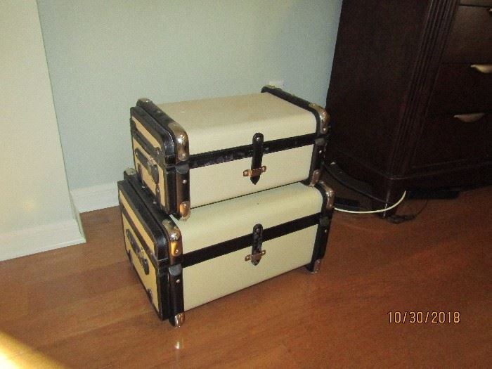 STACK OF CREAM AND DARK BROWN LEATHER DECORATOR LUGGAGE.. ACCENT PIECE