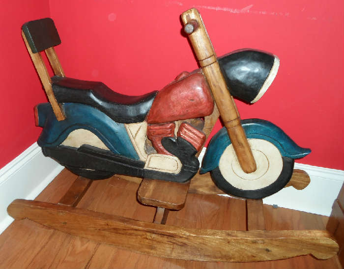 Although designed as a rocker this hand carved and hand painted motorcycle would look great as a decorator piece for any motorcycle fan!