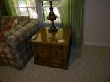 Storage End Tables and Great Heavy Brass Lamps