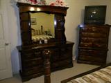 70's Early American Bedroom Set includes Dresser/Shelved Mirror, 2 Night Stands, Chest of Drawers, King Size Head and Foot Board with Frame.
