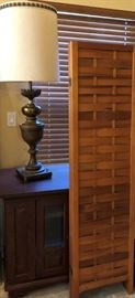Slatted Room Divider, Brass Lamp, Storage Cabinet