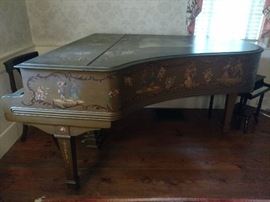 Hallet Davis & Co. baby grand piano. Victorian embellishment. Purchased from the Shattuck family estate of Schrafft's restaurants and candy company fame.