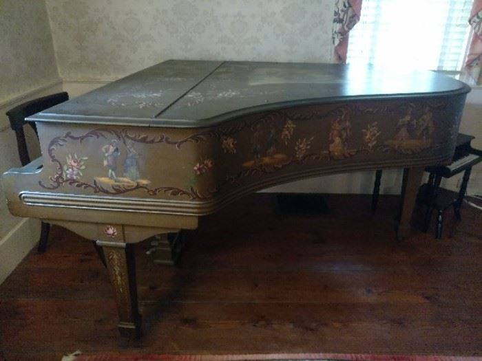 Hallet Davis & Co. baby grand piano. Victorian embellishment. Purchased from the Shattuck family estate of Schrafft's restaurants and candy company fame.
