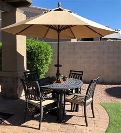 Patio Table and Chairs w Sunbrella Umbrella and Stand 