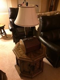 Leather Lazy boy recliners, end tables, lamps