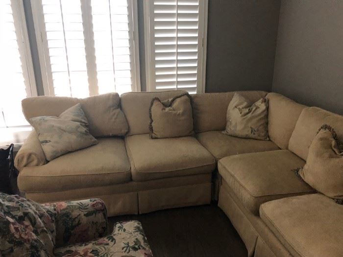 Clyde Pearson custom sectional couch neutral beige, originally $7,000. Asking $900. Has a few stains that professional cleaning should take of. Sturdy well made and very comfortable.