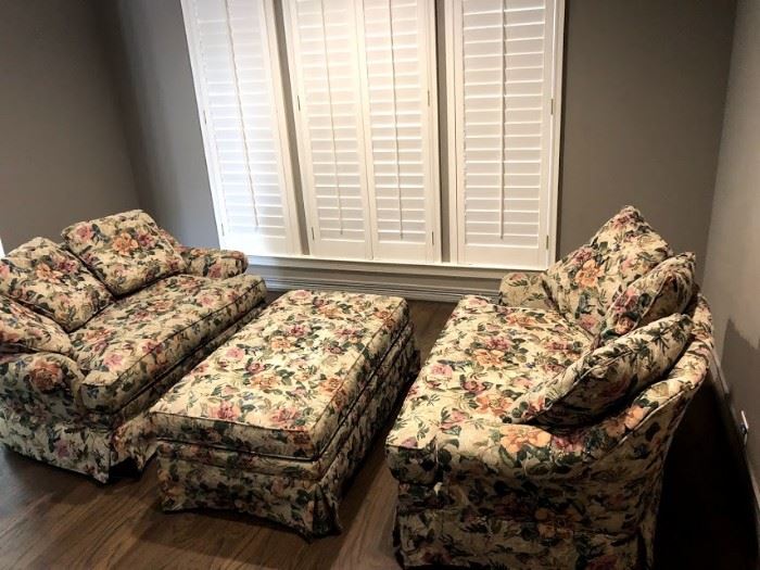 Floral love seats and long ottoman. Each love seat $175/each; ottoman $125. Can be sold separately