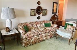 Weiman Mahogany Side Table with Marble Top, Lattice Work Lamp, and Down Filled Sofa