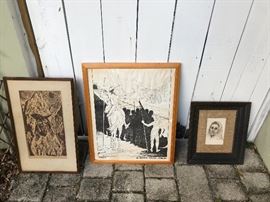 Vintage Wood Print from Taos, New Mexico, Basta Walter Solon Romero Print- Bolivian Artist, and Drawing of Elderly Women by Marina McClellans