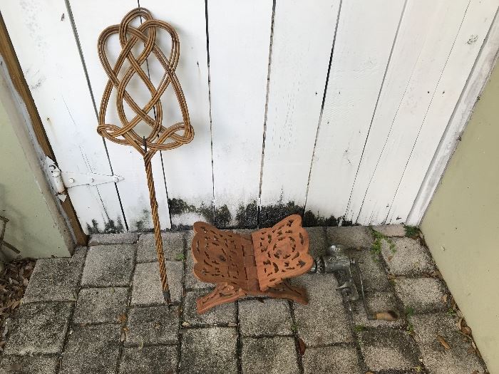Vintage Rug Beater and Wooden Carved Book Stand