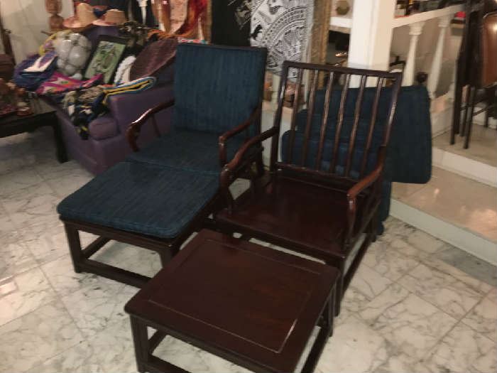 Pair of Chinese Rosewood Chairs with Footstools, and upholstered Cushions.