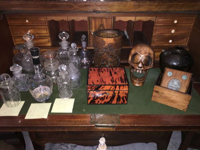 Perfumes, & Apothecary Jars, Boxes, Carved Wood Human Skull Brush Pot & more !