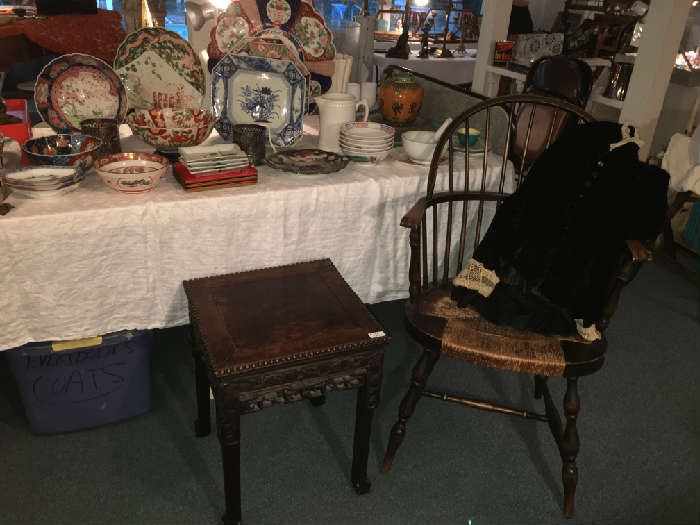 19th c. Windsor Chair, Low Chinese Rosewood Taboret Table. Japanese Porcelain. Victorian Black Velvet Peplum Jacket .