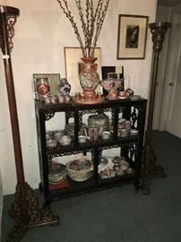 19th c. Chinese Rosewood Bookcase or Display Cabinet. More Japanese Porcelain. Pair Chinese Wood Torcheres.