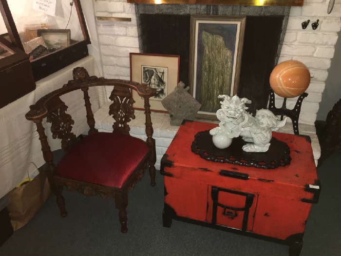 Victorian Corner Chair. Chinese Truck. Large Marble Ball on Stand. Blanc De Chine Foo Dog ( as is)