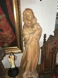 Carved Wood Statue, Virgin & Child