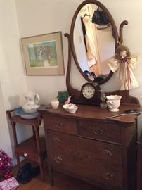 Vintage bureau with mirror. Wash stand with pitcher and bowl.