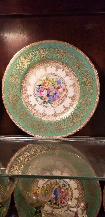 Rare Antique Mintons Dresden green gold flower center plates