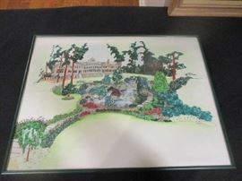 Local artwork of home where estate sale is being held, framed.