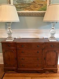 Console with Drawers approx 4ft x 29in x 14 Pair Restoration Hardware Glass Lamps